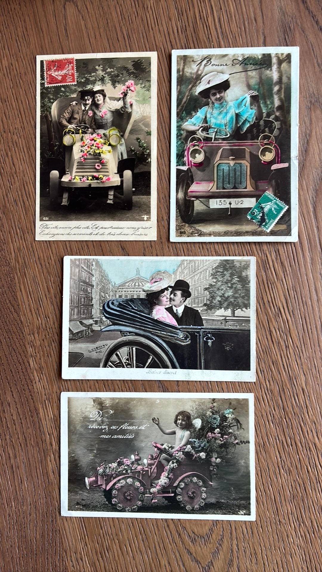 4 fotokaarten met afb.  auto /rijtuig.Kind,koppel,vrouw, Verzamelen, Ophalen of Verzenden, Voor 1920, Gelopen