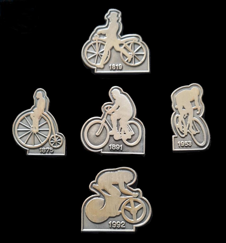 Rijwielgeschiedenis pins- serie van 5 stuks, Verzenden, Nieuw, Transport, Speldje of Pin