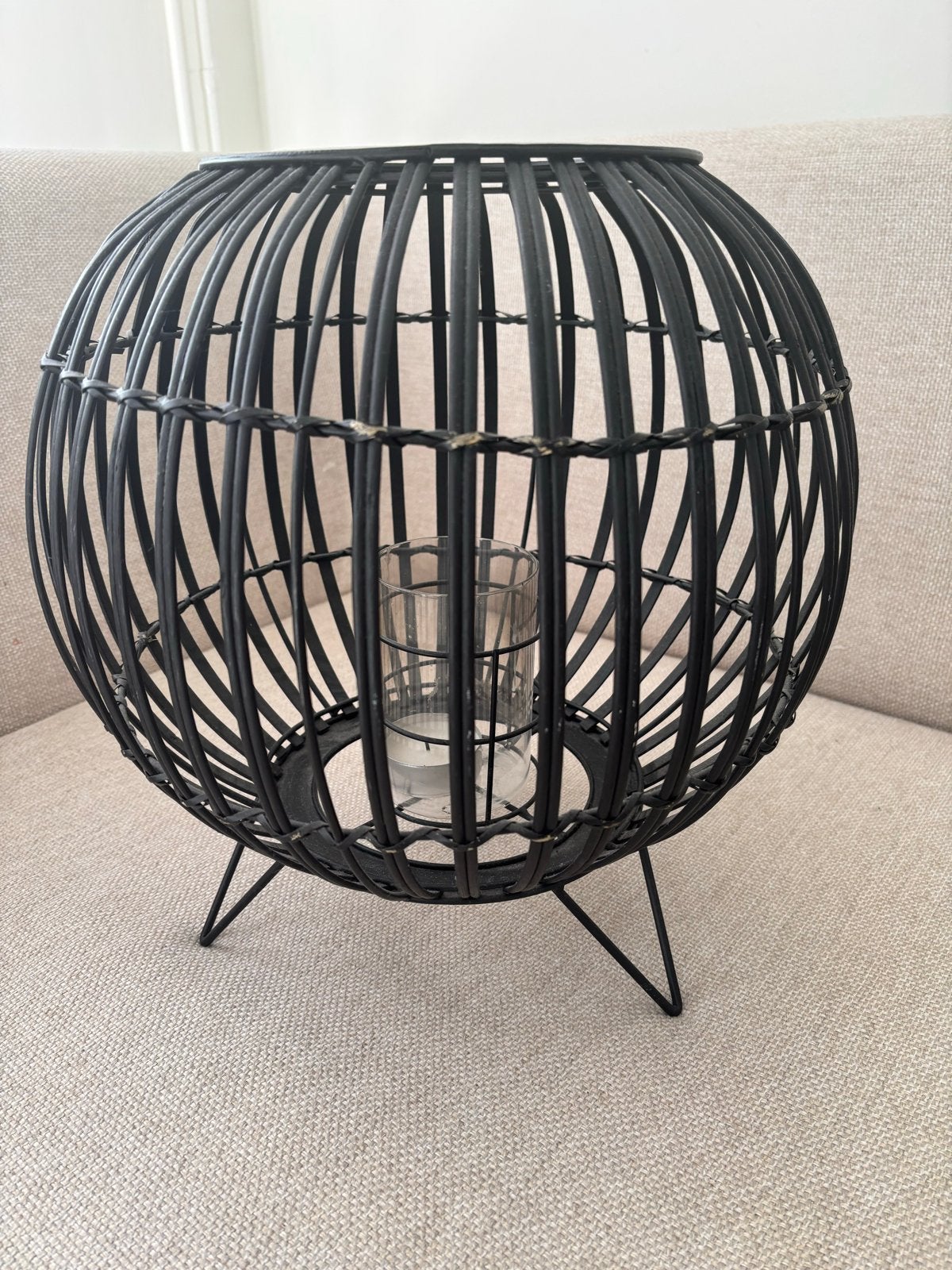 Zwart windlicht/lantaarn met glazen houder, Windlicht, Gebruikt, Zwart, Ophalen of Verzenden