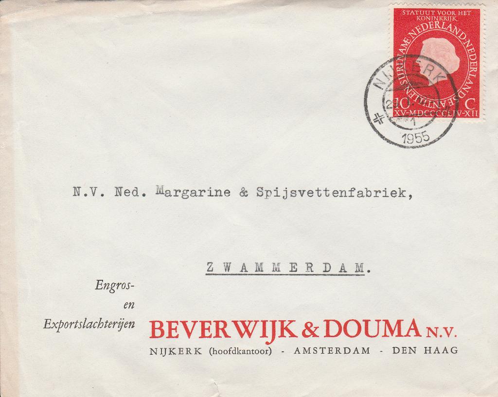 NIJKERK 1955 BEVERWIJK & DOUMA Engros- en Exportslachterijen, Verzamelen, Verzenden, 1940 tot 1960, Gelopen, Gelderland