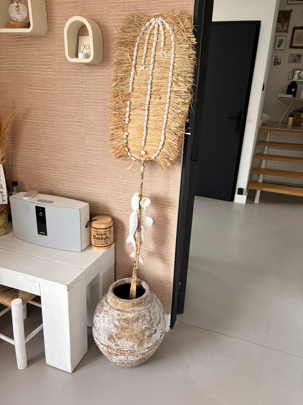 Bohemian / ibiza raffia veer met schelpen, Ophalen