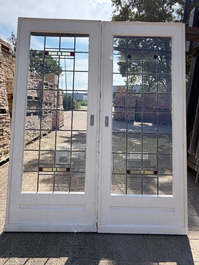Set schuif / en-suite deuren met glas in lood 214x173cm., Antiek en Kunst, Curiosa en Brocante, Ophalen