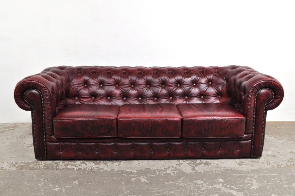 Vintage Chesterfield 3-zits bank zitbank, Gebruikt, 75 tot 100 cm, Ophalen of Verzenden, Rechte bank
