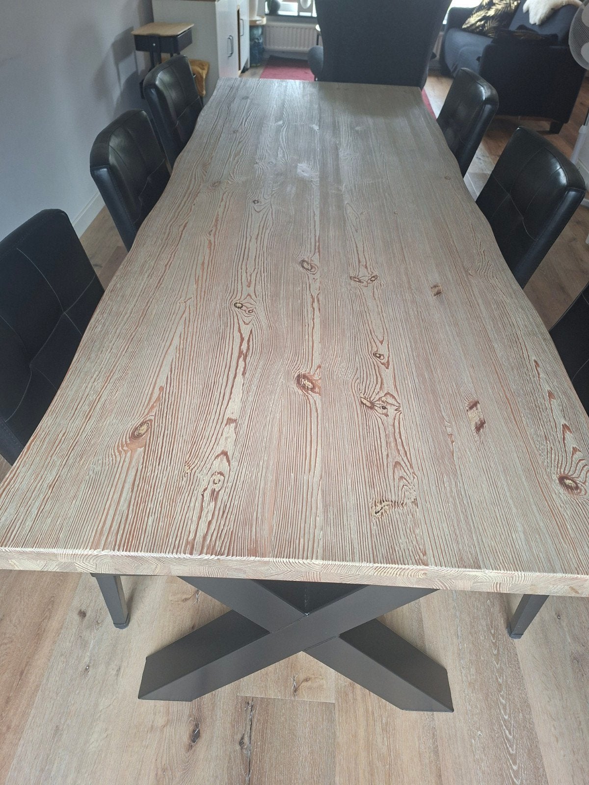 Eetkamertafel met 6 leren stoelen, Huis en Inrichting, Tafels | Eettafels, Ophalen, Gebruikt, 200 cm of meer, 50 tot 100 cm