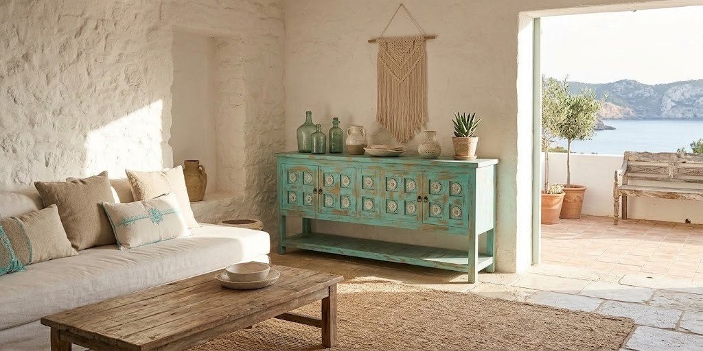 Uniek turquoise dressoir met houtsnijwerk, Ophalen, Bohemian, Mediterraan, Rustiek, Met deur(en), 150 tot 200 cm