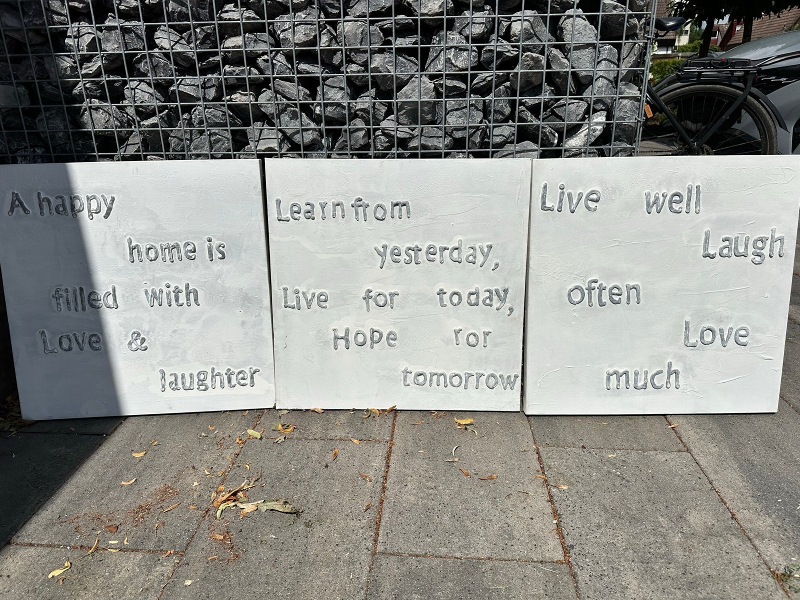Set van 3 decoratieve schilderijtjes met tekst 55x55 cm, Ophalen, 50 – 75, Gebruikt, Schilderij