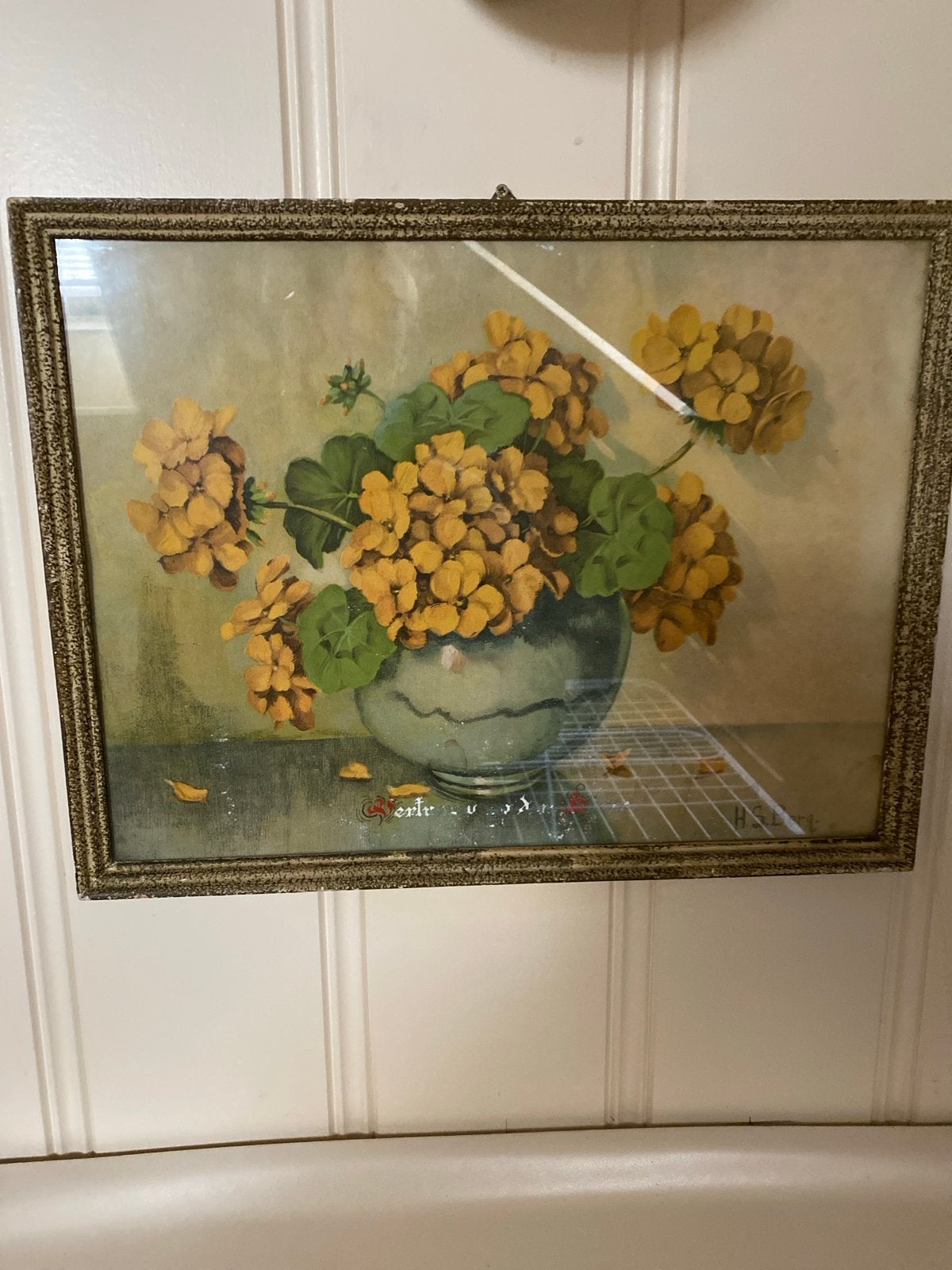 Stilleven vaas met hortensia's in originele lijst, Doek, Realistisch, Stilleven, Ophalen of Verzenden