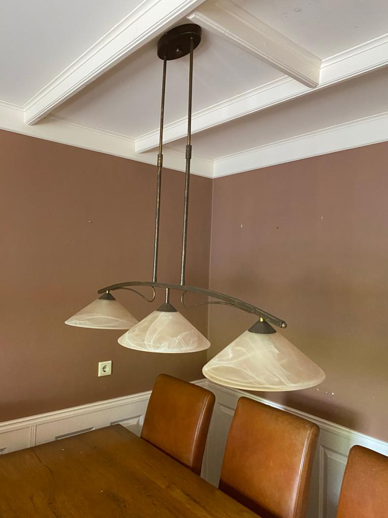 In hoogte verstelbare hanglamp met 3 gemarmerde kappen, Ophalen, Zo goed als nieuw, Glas, 75 cm of meer