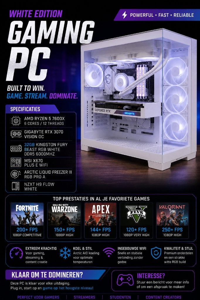 Gaming PC RTX 3070 / Ryzen 5 7600X / 32GB DDR5 / RGB / WiFi, 32 GB, Custom Build, Zo goed als nieuw, Gaming