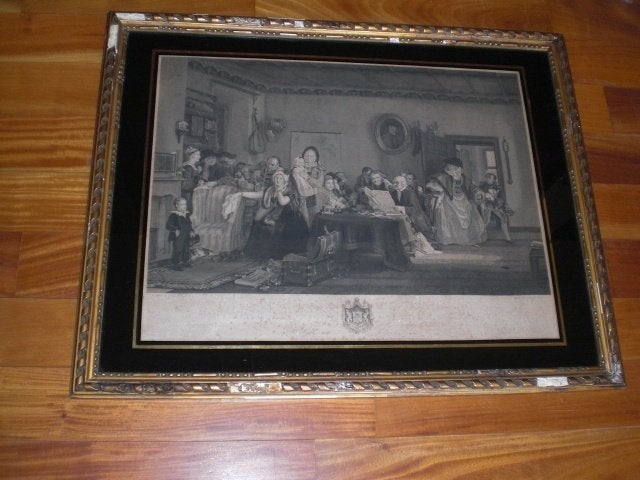 Antieke prent uit1928 The reading of the will door D. Wilkie, Dagelijks leven, Ingelijst, 80 cm, Ophalen of Verzenden