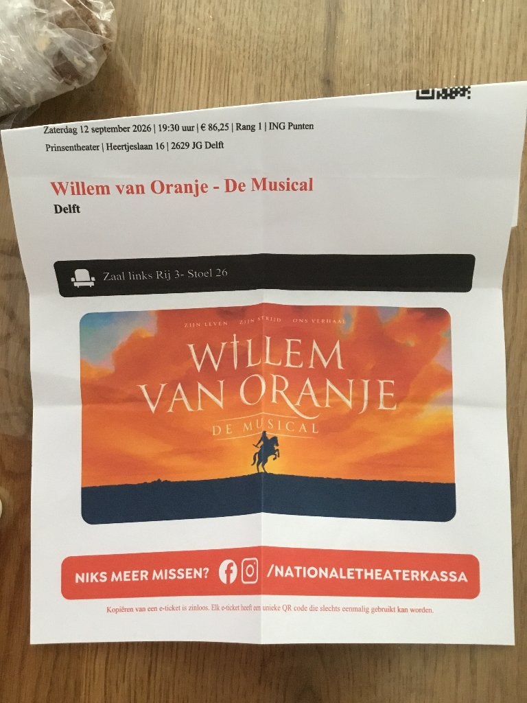 Kaartje musical Willem van oranje, Tickets en Kaartjes, Eén persoon, September