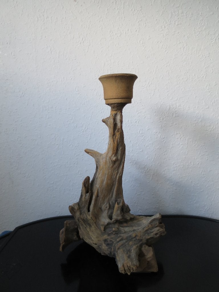 MOOI UIT NATUURLIJK STUK HOUT GESNEDEN KANDELAAR 27 CM, Ophalen of Verzenden