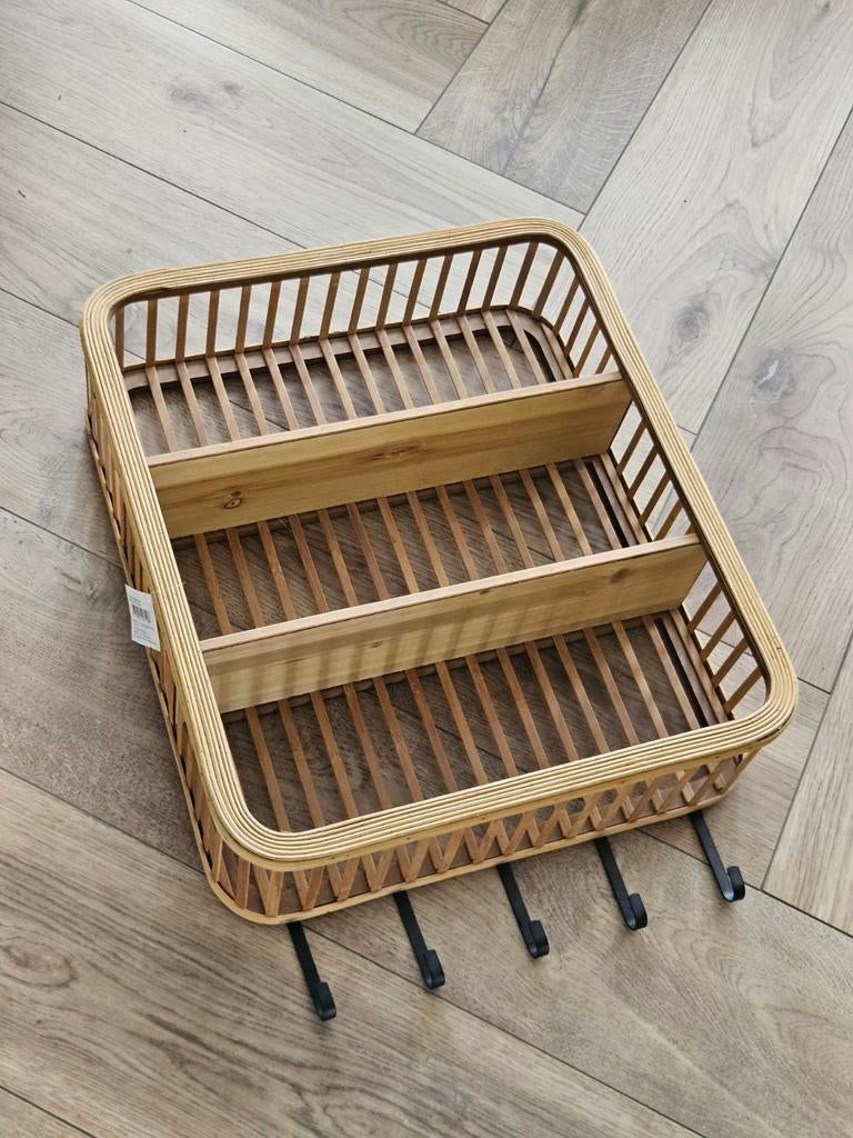 Houten / bamboe wandrek met leuke details en haken, Ophalen, Nieuw