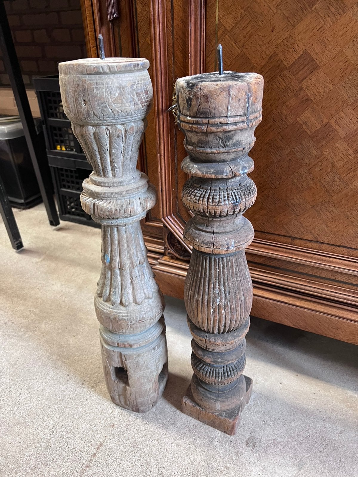 Oude houten baluster kandelaars €80,-, Ophalen, Gebruikt