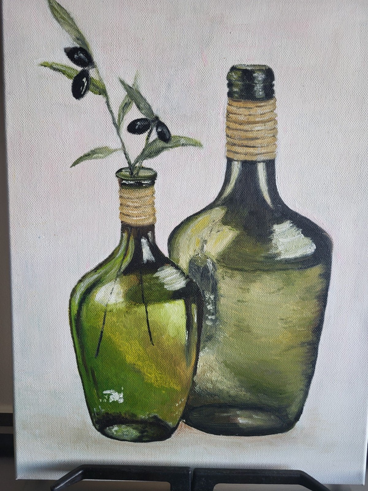 Eigen werk schilderij ,olijftakken in fles, 40 cm, Nieuw, Ophalen of Verzenden, Hangend
