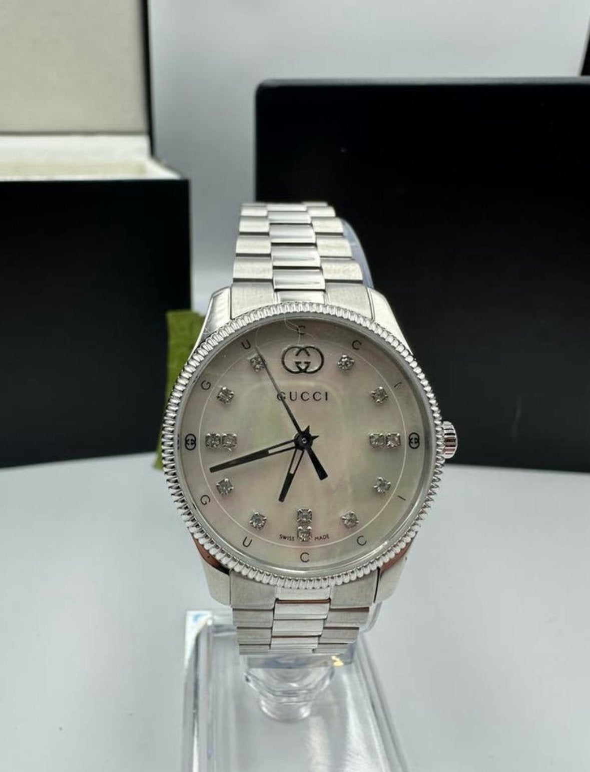 Gucci G-timeless 29mm 2025 14p diamonds YA1265064, Ophalen of Verzenden, Zo goed als nieuw, Staal, Overige merken