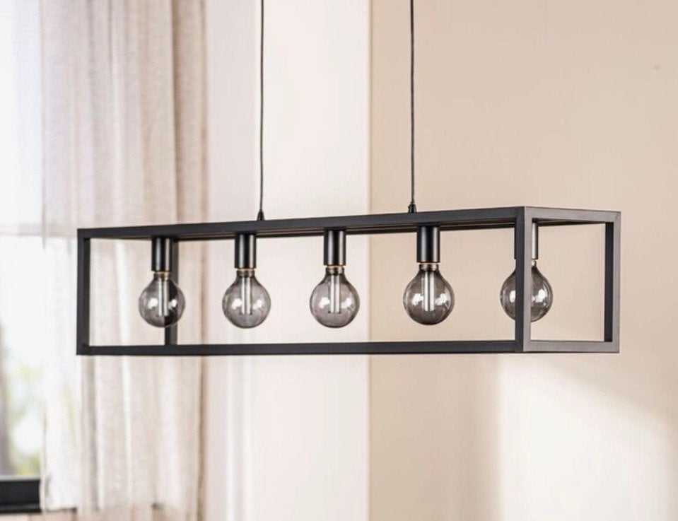 Industriële hanglamp Tiamo - Zwart metaal, 5 lichtpunten, Ophalen, Gebruikt, E27 (groot), Metaal