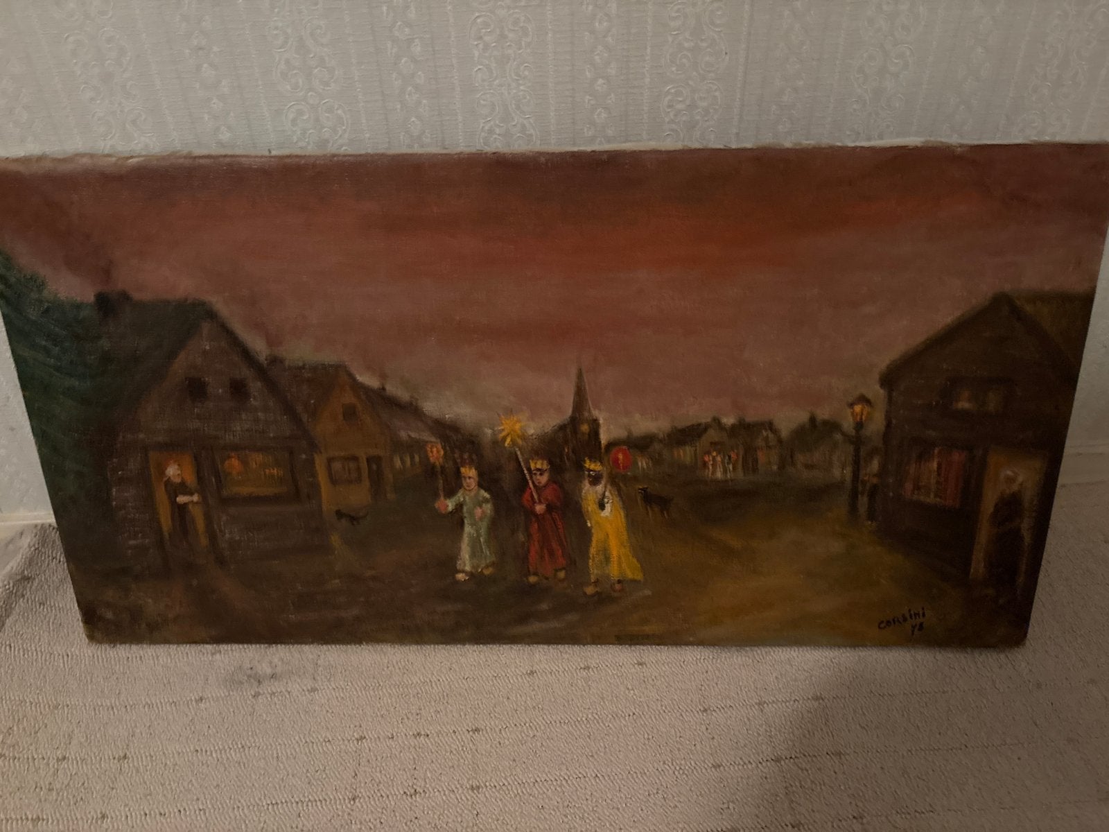 Schilderij 'Driekoningen' gesigneerd Corsini '75, Doek, Realistisch, Ophalen of Verzenden, Gesigneerd