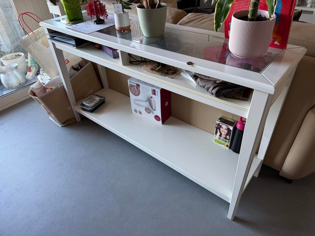 Witte console tafel (side table) met glazen blad, Ophalen, Gebruikt, 75 cm of meer, 60 cm of meer