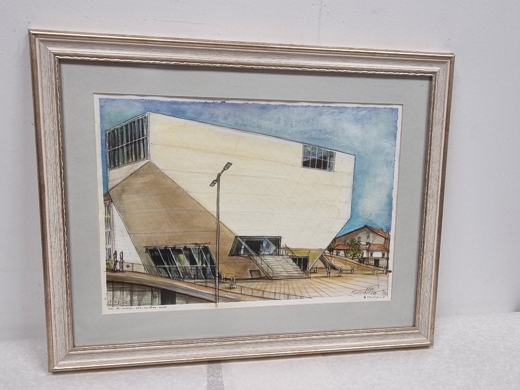 Manuel Felix - Porto, Casa de Musica, Ophalen of Verzenden, Aquarel, Ingelijst, Realistisch