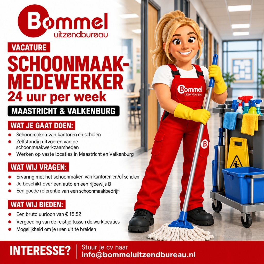 Schoonmaakmedewerker Maastricht en Valkenburg (24 uur), 25 - 32 uur, Overige niveaus, Vanaf 1 jaar, Vast contract