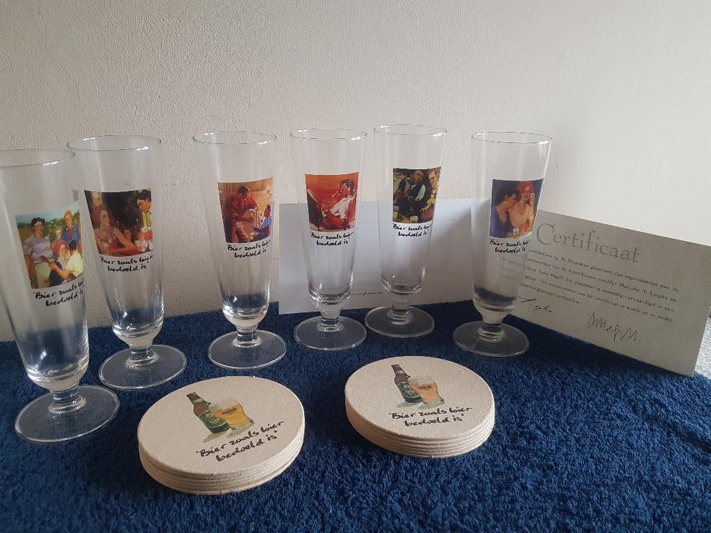 6 Heineken bierglazen + bierviltjes + certificaat NIEUW, Verzenden, Nieuw, Overige typen, Heineken