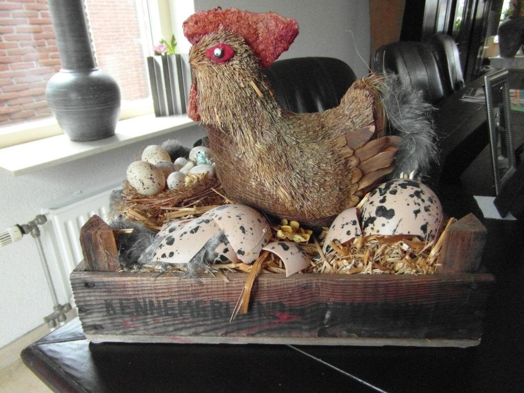 paas pasen deco hout veilingkratje met kip, Diversen, Pasen, Ophalen of Verzenden, Zo goed als nieuw