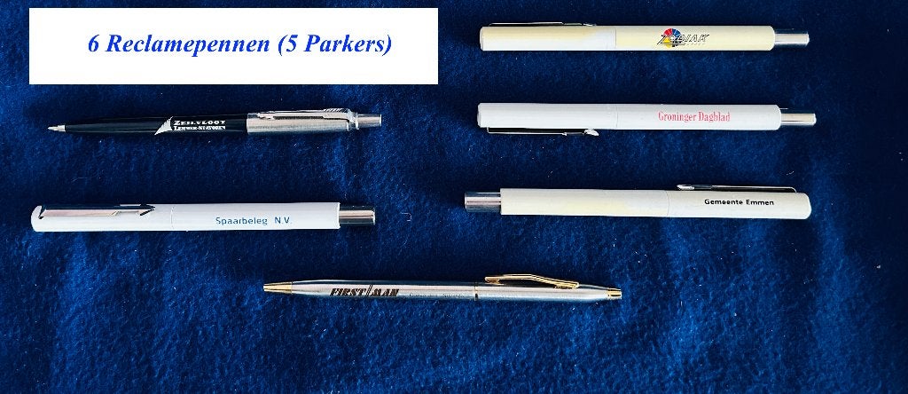 Vintage verzameling reclamepennen - 5x Parker + 1x Chroom, Verzamelen, Ophalen, Gebruikt, Met reclame, Parker