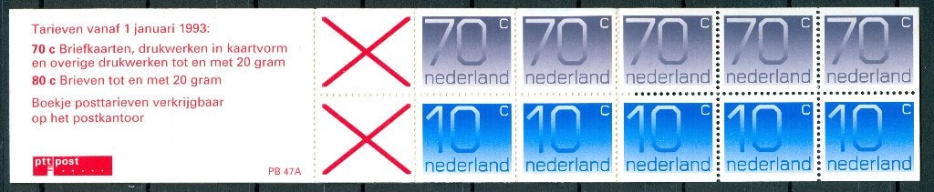 Ned. NVPH PB 47a 5 x 10ct + 5 x 70ct + cijfer Crouwel 1993, Postzegels en Munten, Postzegels | Nederland, Ophalen of Verzenden