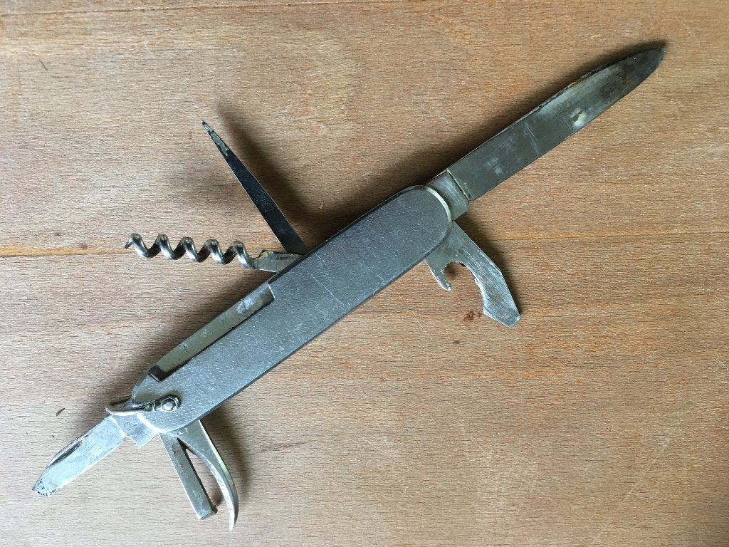 RVS plat zakmes uit 1950 met veel mogelijkheden, Ophalen of Verzenden, Gebruikt