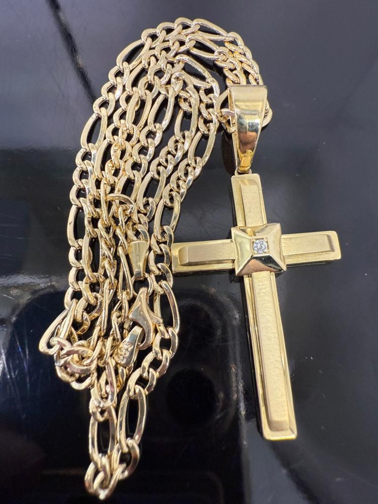 Prachtige 14k gouden figaro ketting met kruis hanger, Ophalen of Verzenden, Nieuw, Goud