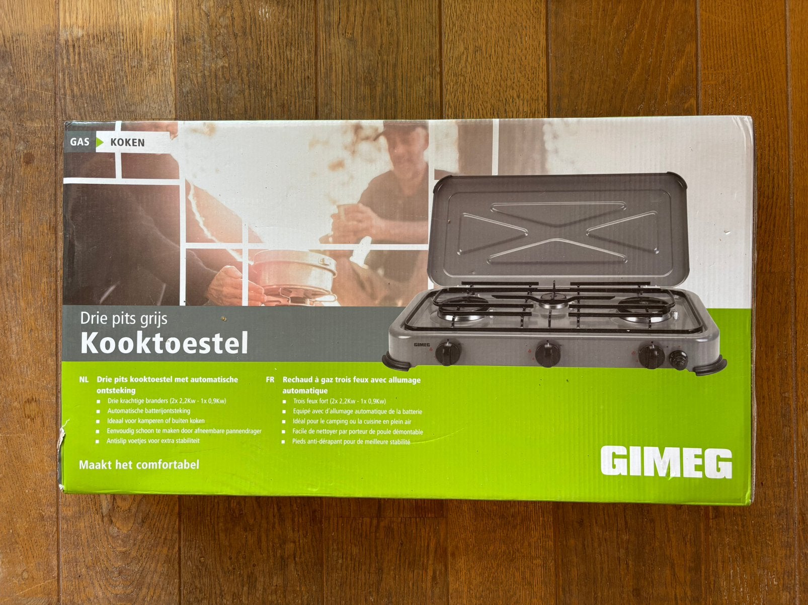 Nieuwe Gimeg 3-pits + nieuwe gasfles, drukregelaar en slang, Caravans en Kamperen, Ophalen, Nieuw