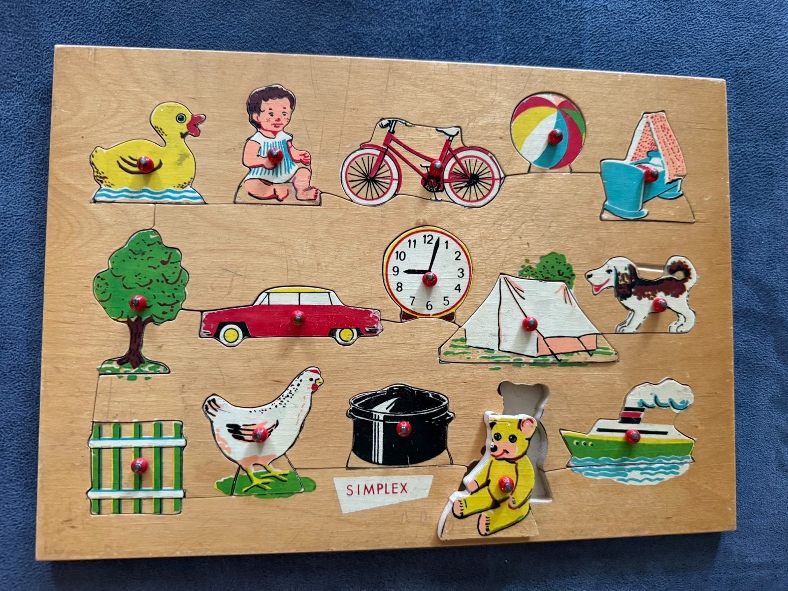 Vintage Simplex Houten Inlegpuzzel met Knopjes, Ophalen of Verzenden, Gebruikt, Overige typen