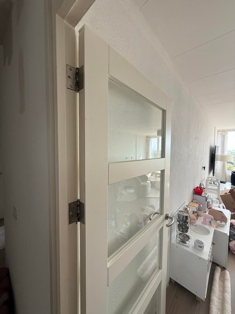 Binnendeur met glaspanelen en deurbeslag + Slaapkamerdeuren, Ophalen, Gebruikt, 80 tot 100 cm, Binnendeur