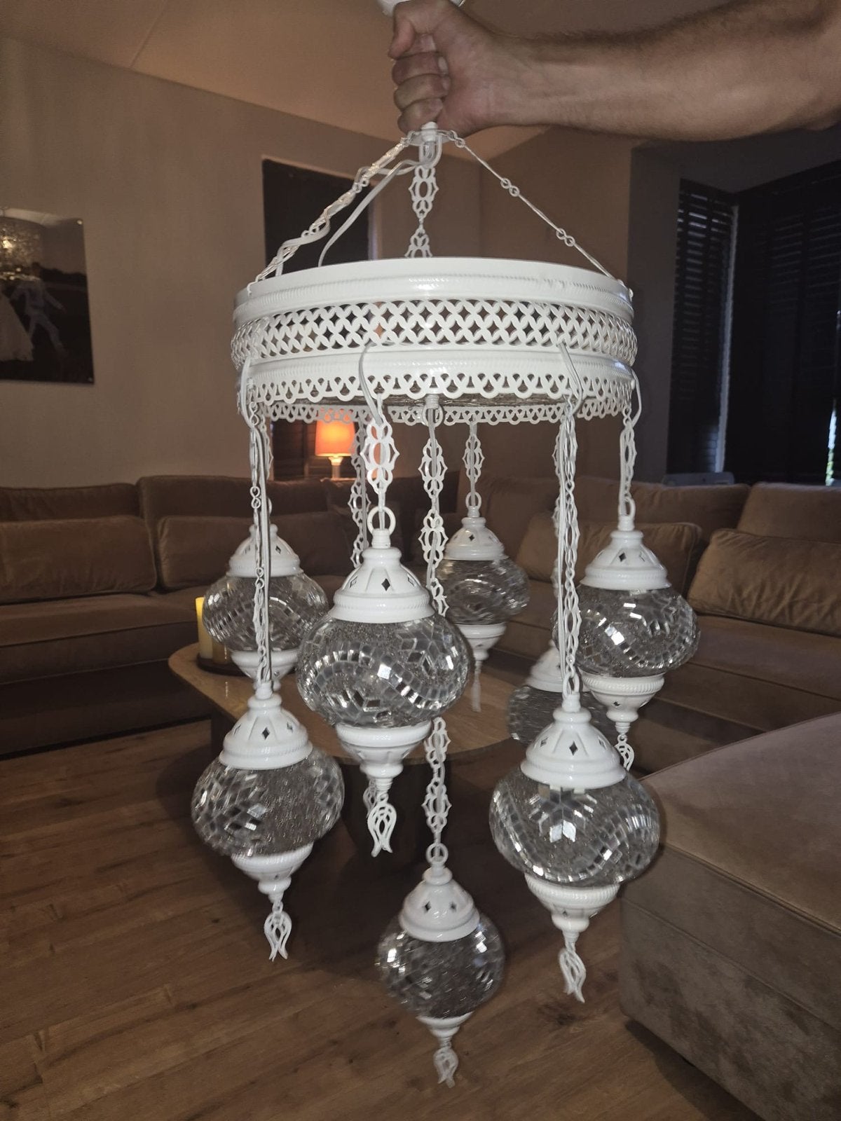 Mooie witte Turkse lamp met 9 glazen bollen, Ophalen, 50 tot 100 cm, Minder dan 100 cm, 25 tot 50 cm