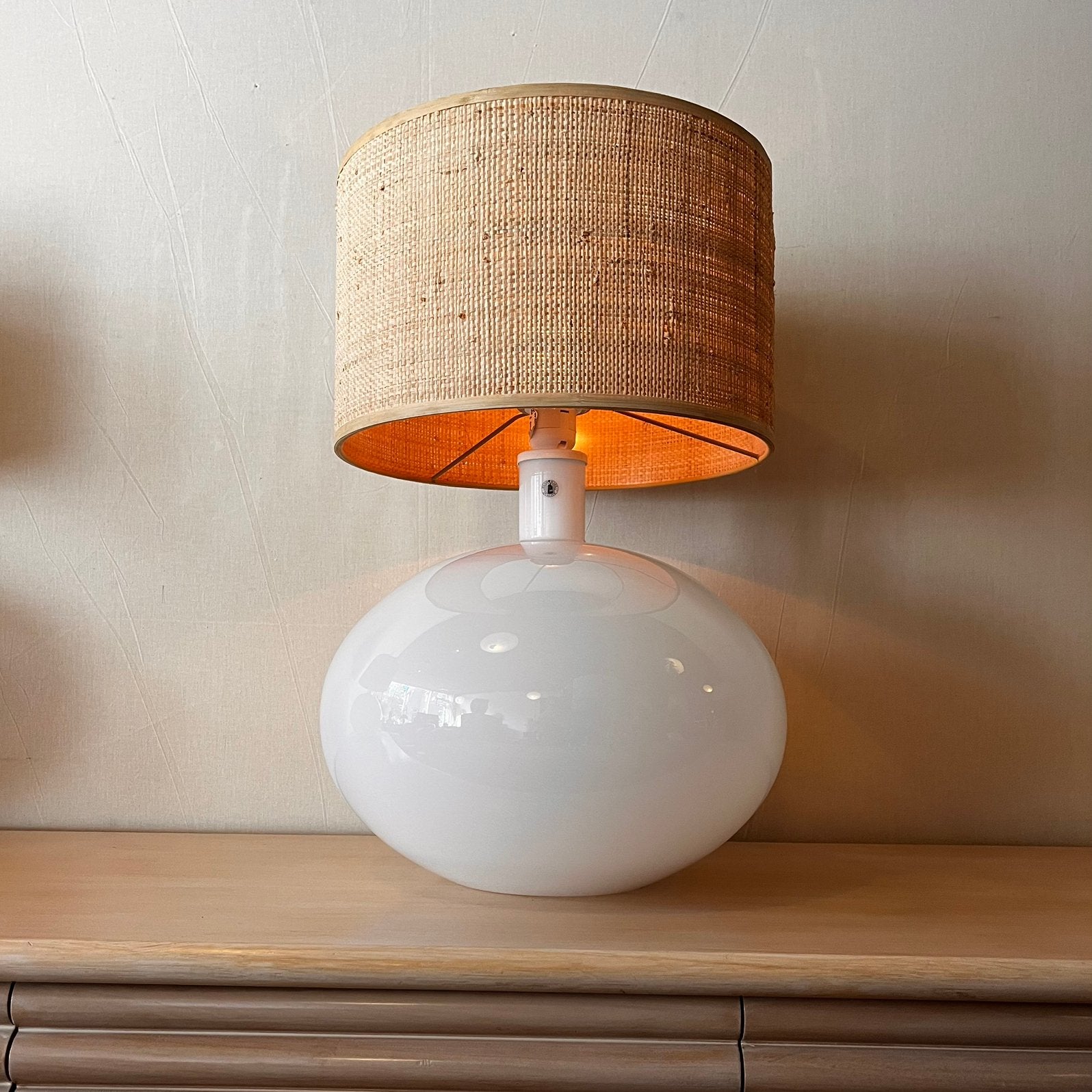 Anne Nilsson IKEA vintage Wit Opaline Lamp nwe rotan kap, Ophalen, Wit, Rond, Zo goed als nieuw