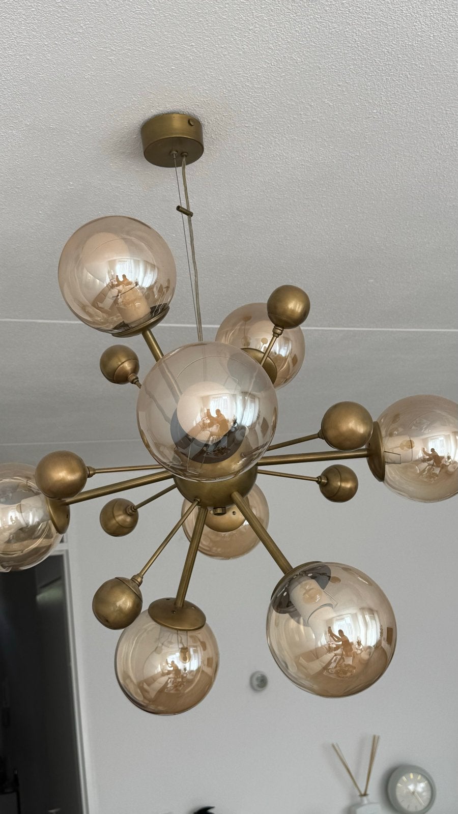 Kroonluchter en 2 losse lampen met goud messing kleurig glas, Ophalen, Zo goed als nieuw, Glas