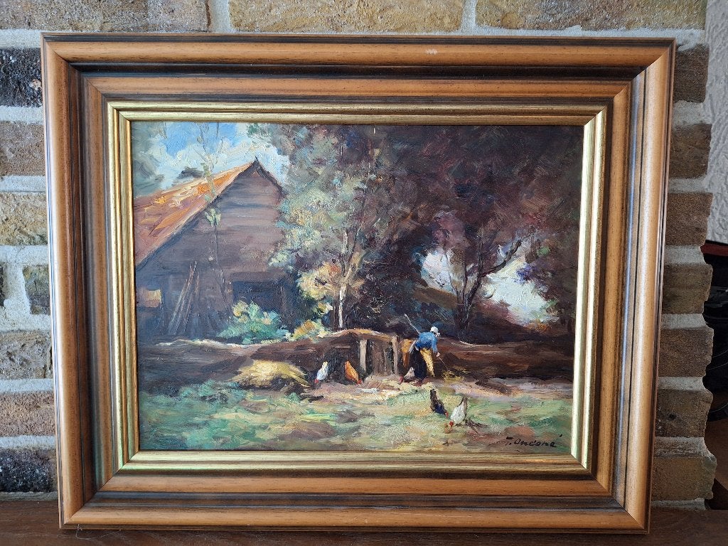 Olieverfschilderij Ton Anconé  Boerenerf met kippen 54x45 cm, Antiek en Kunst, Ophalen, Gesigneerd, Olieverf