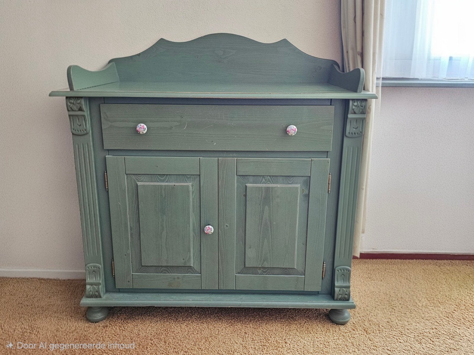 Prachtig Brocante Dressoir / Meidenkast – Saliegroen, Ophalen, Gebruikt, 50 tot 70 cm, 105 cm of meer