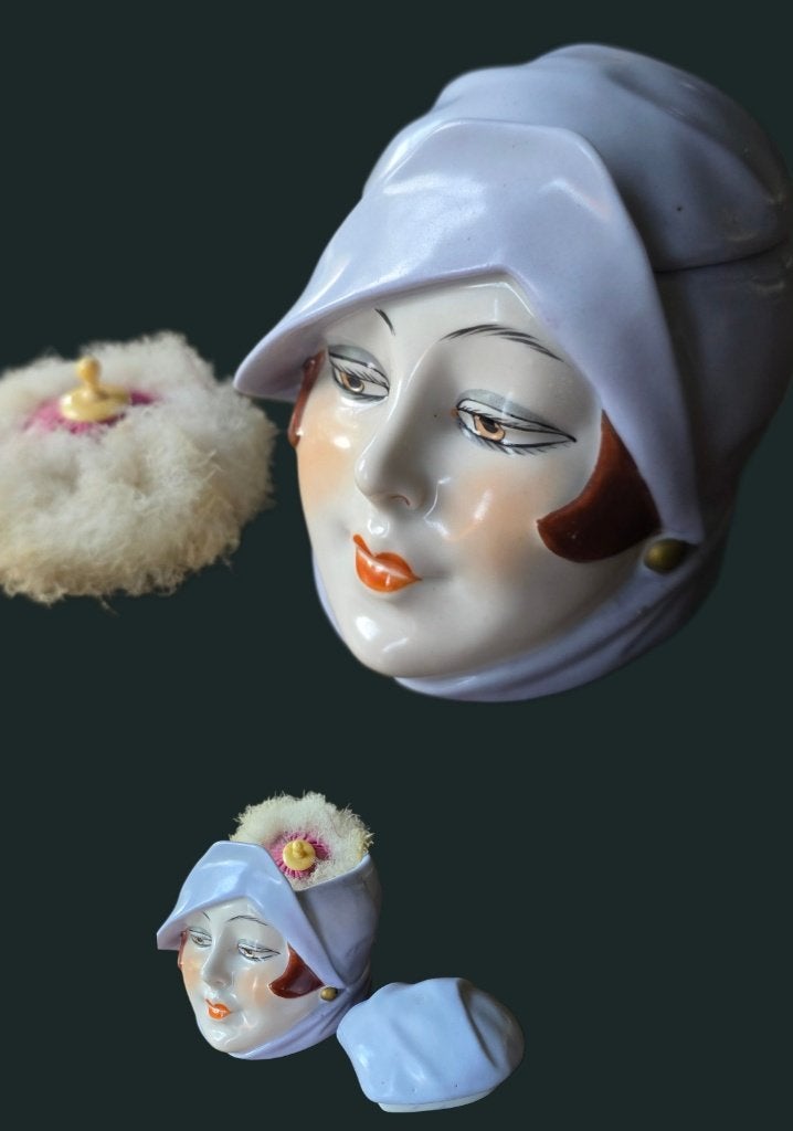 Antiek Art Deco flapper halfdoll stijl poederdoos porselein, Verzenden
