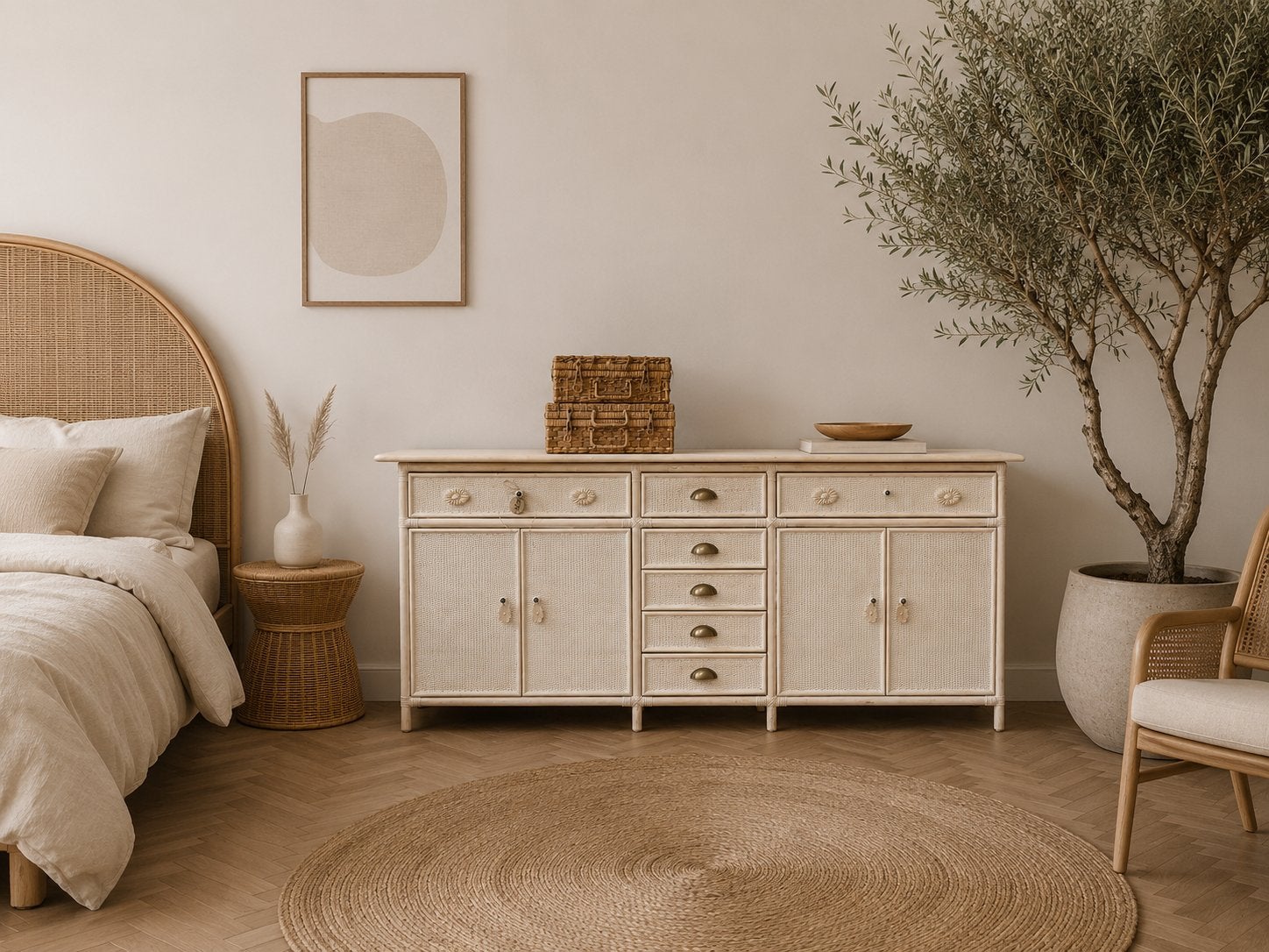 Bamboe dressoir commode ladekast linnenkast rotan boho, Ophalen, Zo goed als nieuw, 200 cm of meer, Nvt