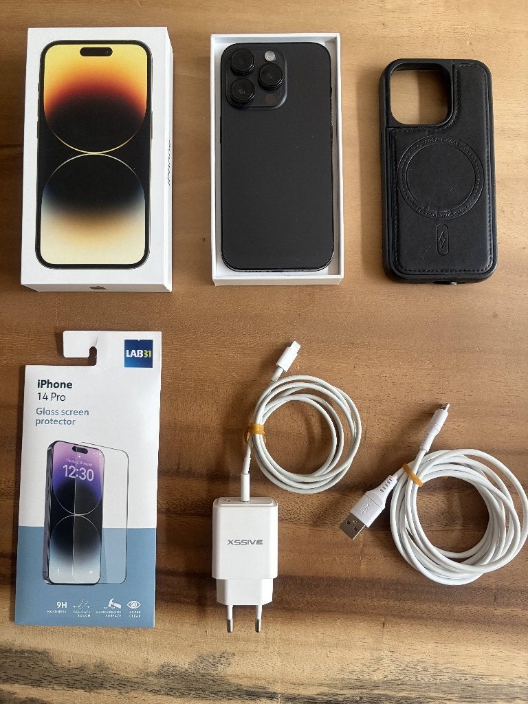 iPhone 14 Pro 128GB Space Black – Complete Set, Zwart, Ophalen of Verzenden, Zo goed als nieuw, 81 %