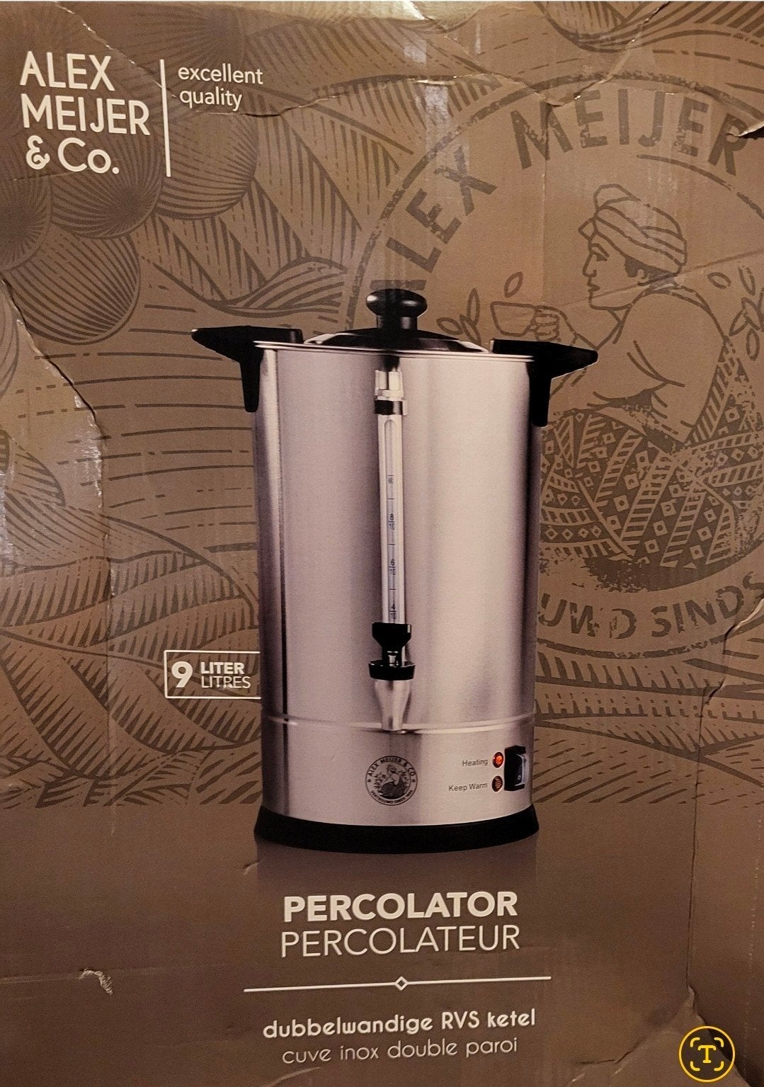Te koop 2 koffie/theepercolator rvs 9l, tapkraan en filter., Witgoed en Apparatuur, Overige modellen, 10 kopjes of meer, Gemalen koffie