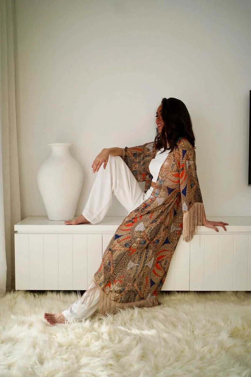 Kimono L 40/42 beige paisley print met franjes, Ophalen of Verzenden