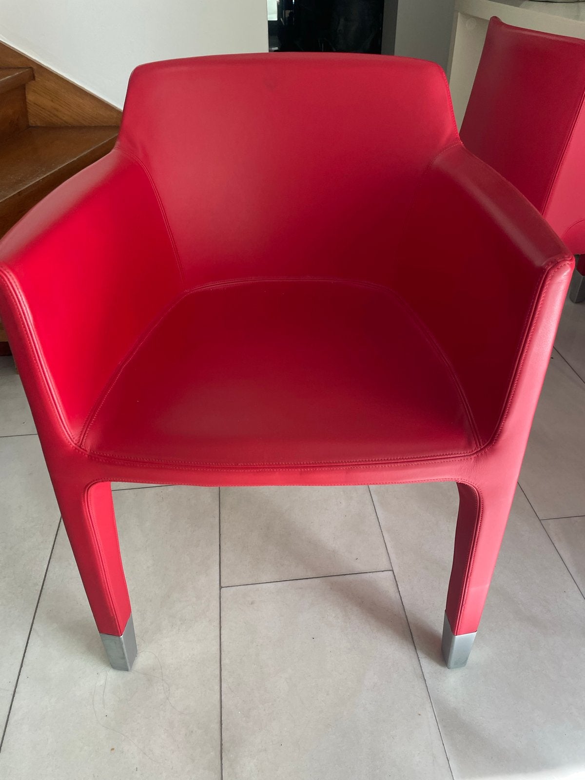 2 design stoelen - Rood leer plank mon ami, Ophalen, Twee, Leer, Zo goed als nieuw