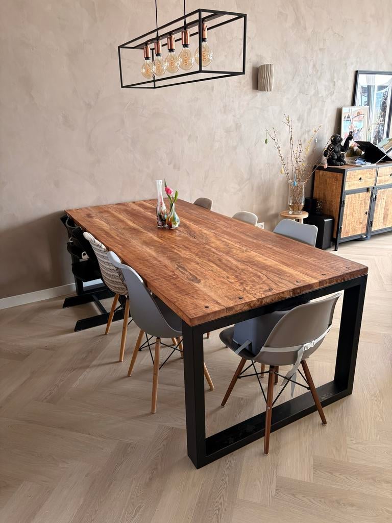 Eettafel 220x100 mango hout, Ophalen, Gebruikt, 100 tot 150 cm, Hout, Industrieel