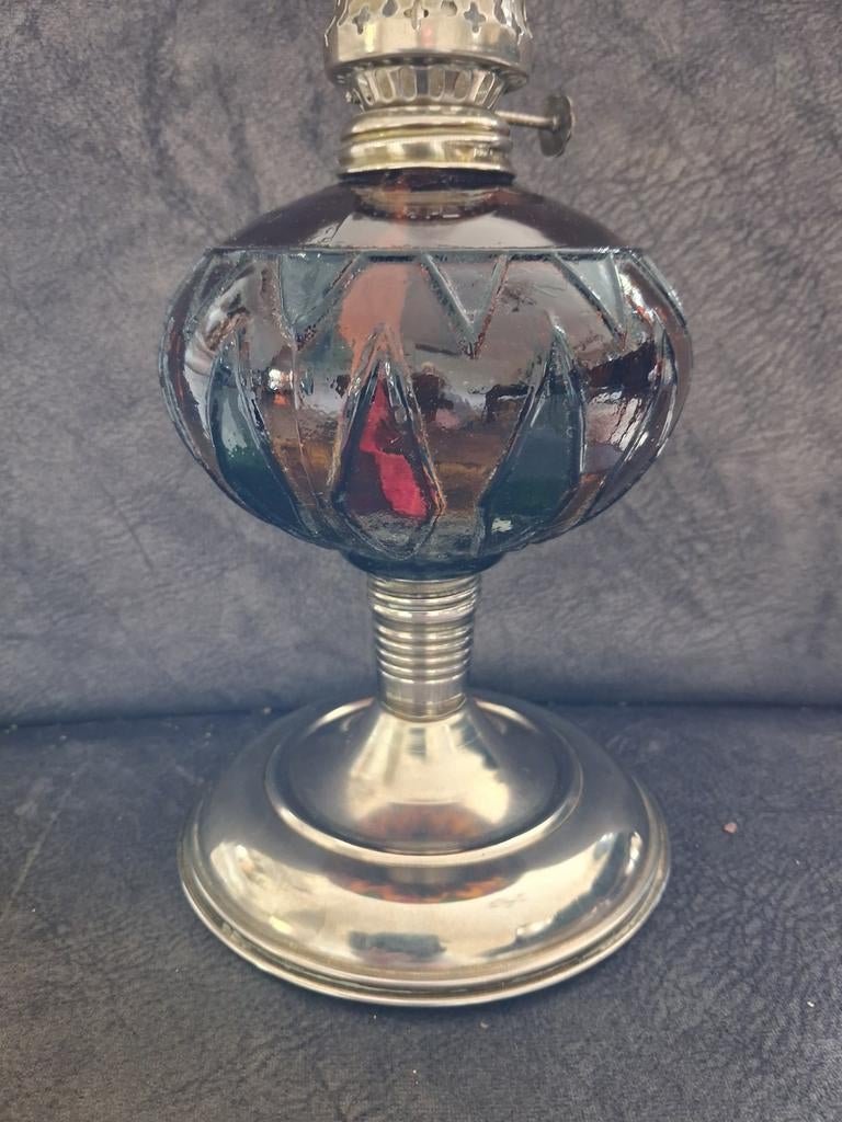 Antieke Olie Lamp - Bruin Glas en Metaal, Antiek en Kunst, Antiek | Lampen, Ophalen