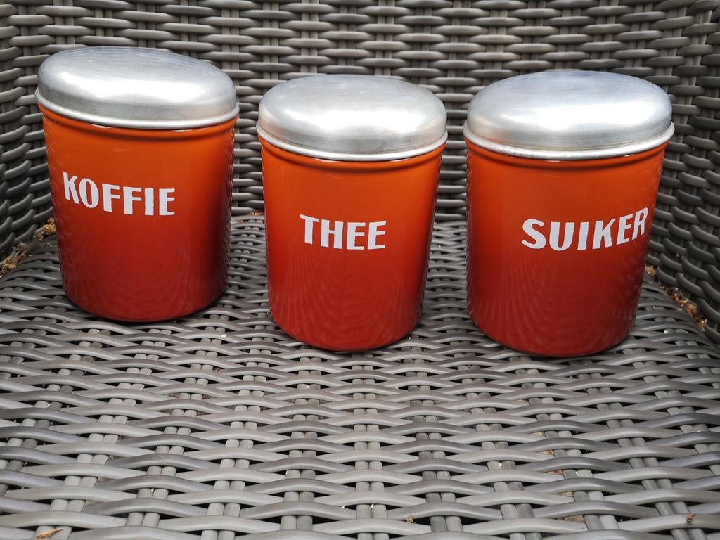 Emaille koffie, thee en suiker blikken, Antiek en Kunst, Ophalen of Verzenden