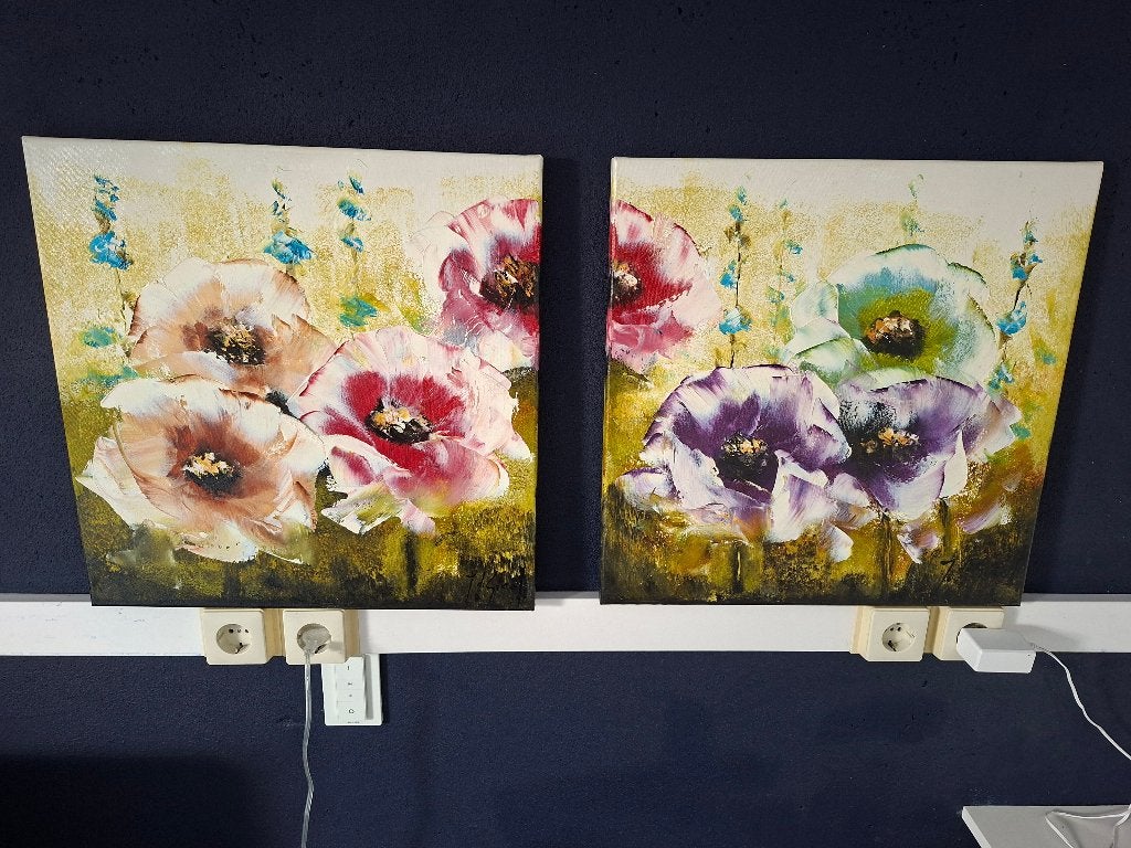 Set van 2 orginele schilderijen j de graaf- bloemen, Antiek en Kunst, Ophalen, Olieverf, 3D-effect, Bloemen