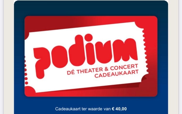 Podium cadeaukaart 40€, Tickets en Kaartjes, Kortingen en Cadeaubonnen, Eén persoon, Cadeaubon, Overige typen
